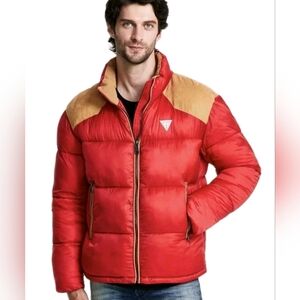 🔥New Guess Men's Small Larry Fabric Block Puffer Jacket Chili Red Weatherproof